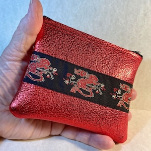 Metallic Red Cowhide LEATHER Coin Purse w/Dragon Jacquard Trim