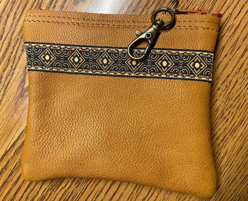 Goathide LEATHER Zip Coin Purse With Jacquard Trim and Snap Hook