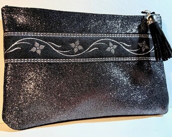 Black Nickel Sparkle LEATHER Zip Clutch Evening Bag w/Jacquard Trim.