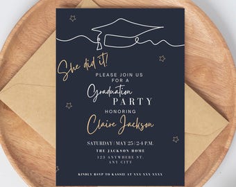 She Did It Graduation Invitation Template, Senior Girl Grad Invitations Digital, Minimalist Grad Party Invite Editable, Graduation Party