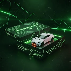 Op de afbeelding: Een witte sportwagen wekker met een digitale display die 05:40 uur aangeeft, in een zwarte doos. De doos en het deksel hebben groene printplaatontwerpen en de tekst "SPEEDSTER ALARM GR". De achtergrond is donkergroen.