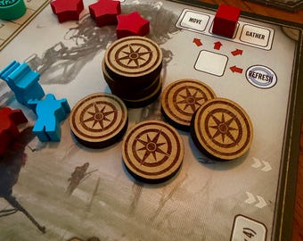 24 Wood Encounter Tokens, Map Tokens for Expeditions and Scythe Board Games.