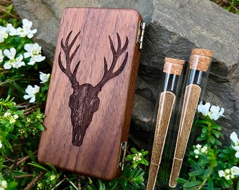 Elk Skull Black Walnut Stash Case With Glass Tubes.
