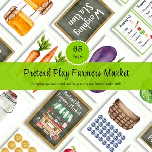 May include: A set of 65 printable cards for pretend play featuring a farmers market theme. The cards include images of fruits, vegetables, a cash register, a basket, and signs that say "Weighing Station", "Shopping List", and "Please Pay Here".