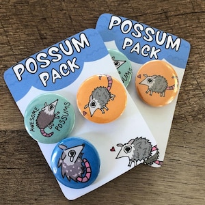 Possum Pack Button Set – Cute Opossum Pins, Original Art, Funny Animal Gift, Trash Panda, Pun, Zoology, Unique Accessory, Lanyard Badge