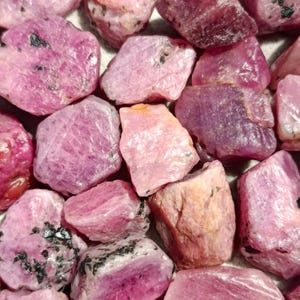 May include: A collection of raw ruby gemstones in varying shades of pink and red. The rough, unpolished stones display natural textures and some have dark inclusions. The gemstones are scattered, filling the frame.