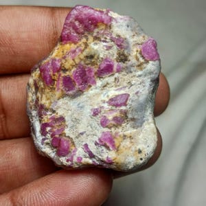 May include: A raw, unpolished mineral specimen featuring vibrant magenta and deep pink crystal inclusions embedded within a textured, off-white and tan rocky matrix. The stone has an irregular, organic shape with visible crystalline formations.