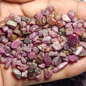 Op de afbeelding: Een verzameling kleine, ruwe, ongepolijste robijn-edelstenen in verschillende tinten dieproze, magenta en donkerrood. De stenen hebben onregelmatige, grillige vormen en texturen, waarbij sommige stukken doorschijnend zijn en andere er ondoorzichtig uitzien.