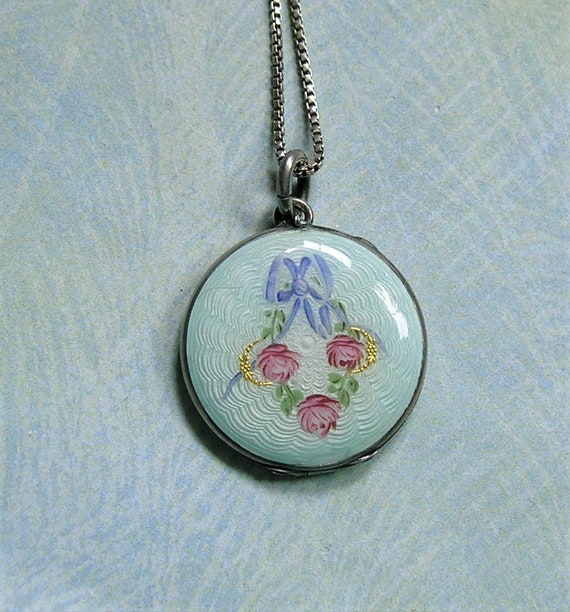 Antique Sterling Enamel Locket, Sterling Guilloche