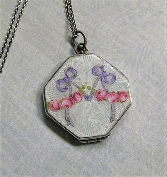Antique Silver Enamel Locket, Silver Guilloche Ena