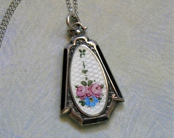 Antique Sterling Enamel Locket, Sterling Guilloche Enamel Locket, 1920's Sterling Enamel Locket (L463)