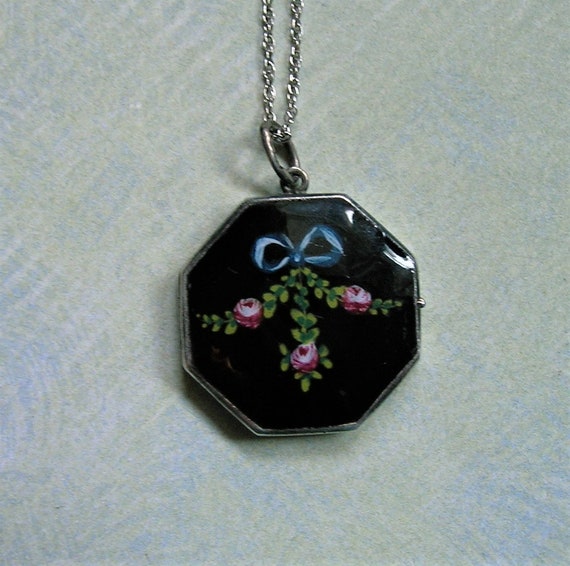 Antique Sterling Enamel Locket, Sterling Enamel Lo