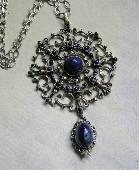 Antique Sterling Marcasite and Lapis Pendant Neck… - image 5