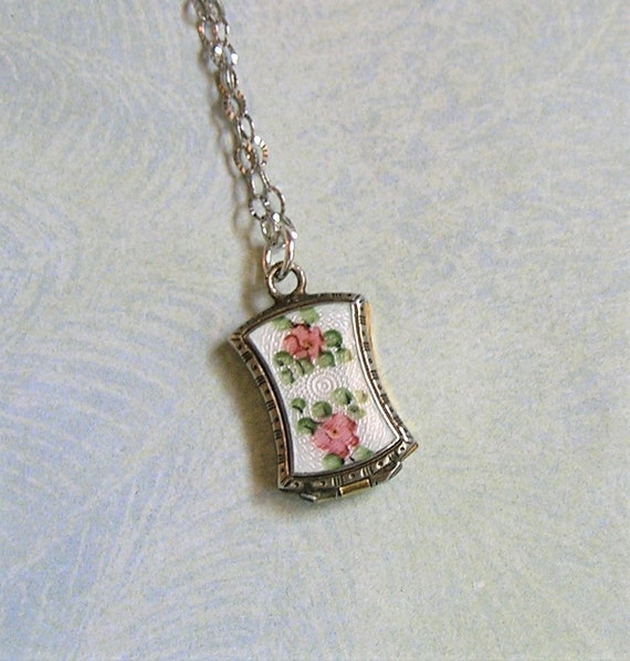 Antique Enamel Child's Locket, Silvertone Guilloch
