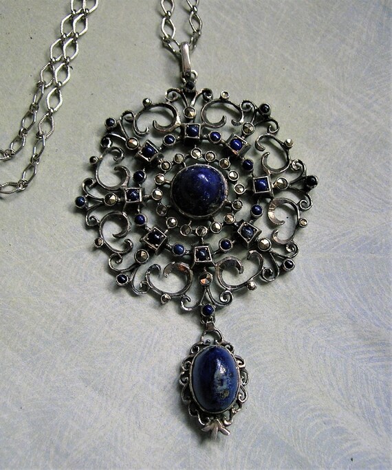 Antique Sterling Marcasite and Lapis Pendant Neck… - image 7