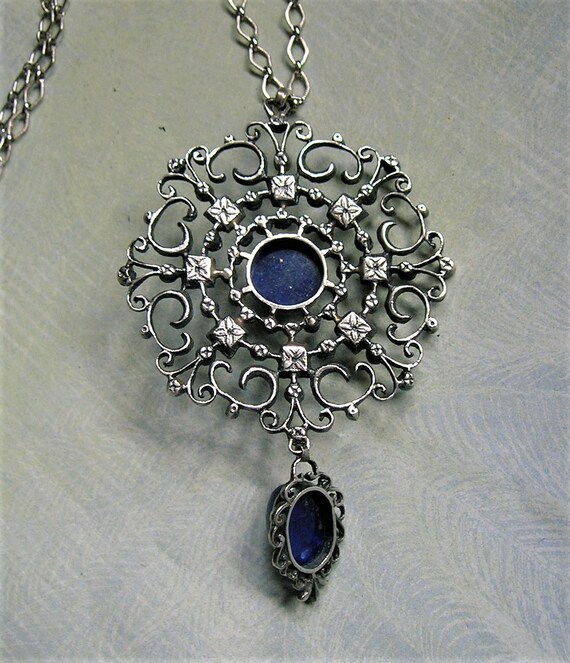 Antique Sterling Marcasite and Lapis Pendant Neck… - image 4