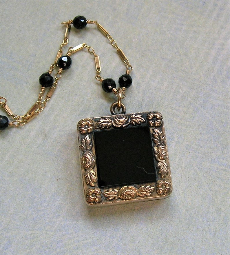 Antique Fob Necklace With Onyx Wire Wrapped With Black Spinel Gemstones