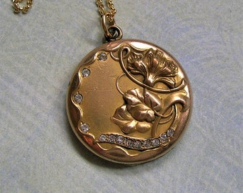 Antique GF Locket Necklace With Flowers and Paste Stones, Art Nouveau Locket Necklace, CQ&R Gold Filled Locket; Gift for Her (#L498)