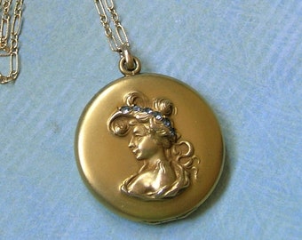 Antique Art Nouveau Locket Necklace With Woman, Antique Gold Filled Locket With Nouveau Design, Figural Locket (L431)