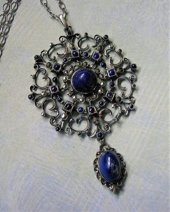 Antique Sterling Marcasite and Lapis Pendant Neck… - image 1