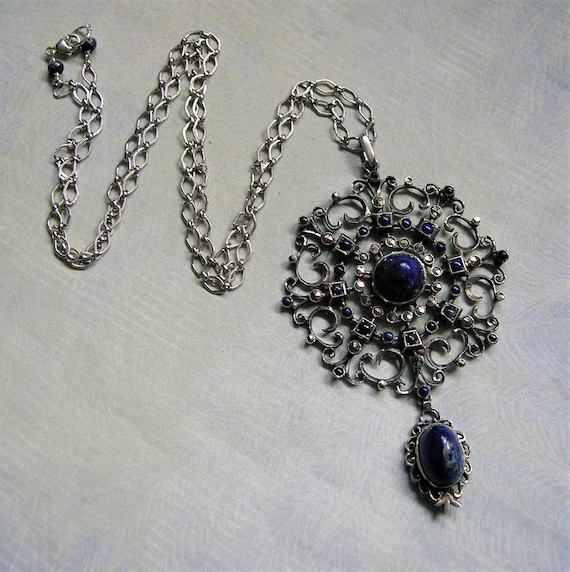 Antique Sterling Marcasite and Lapis Pendant Neck… - image 2