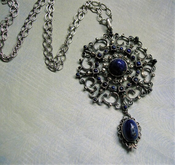 Antique Sterling Marcasite and Lapis Pendant Neck… - image 6