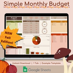 Puede incluir: Una pantalla de portátil muestra una plantilla de hoja de cálculo "Presupuesto Mensual Simple" para agosto. El diseño incluye un tema de otoño con una hoja y el texto "NEW Fall Edition!". La plantilla es para Google Sheets.