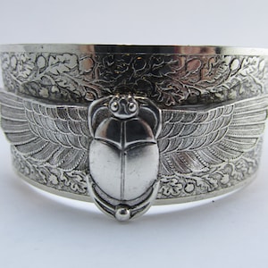 Scarab Cuff bracelet flying egyptian scarab bracelet silver Egyptian revival jewelry Scarabs jewelry