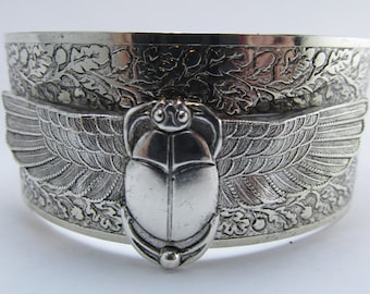 Scarab Cuff bracelet flying egyptian scarab bracelet silver Egyptian revival jewelry Scarabs jewelry