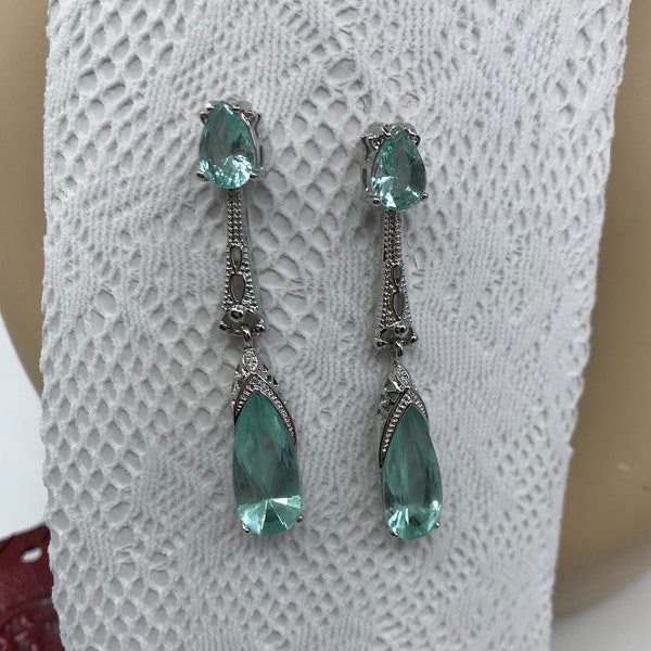 Vintage Style Earrings - Aquamarine Blue Earrings  - Art Deco Long Earrings  - Crystal Dangle earrings  - MyElegantthings -Vintage Jewelry
