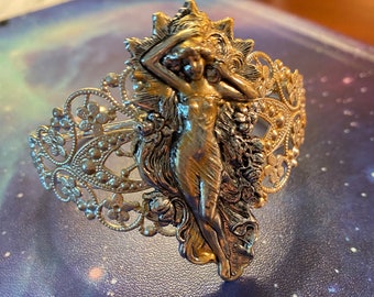 Vintage Art Nouveau Cuff: Alphonso Mucha Style Lady Filigree Bracelet