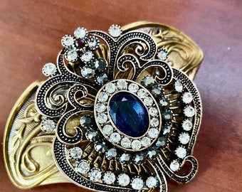 Art Deco Style hair clip filigree barrette inspired Blue clear and black crystals French Back Hair clips MyelegantThings