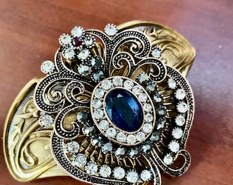 Art Deco Style hair clip filigree barrette inspired Blue clear and black crystals French Back Hair clips MyelegantThings