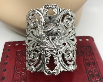 Scottish Thistle Cuff Bracelet: Vintage Silver Plated Outlander Jewelry