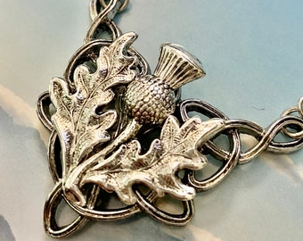 Silver Scottish Thistle Necklace, Celtic Knot Wedding Jewelry