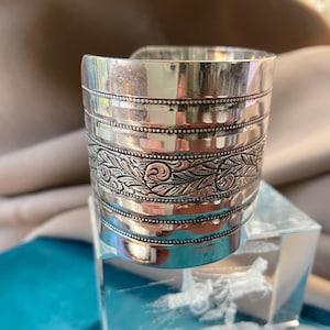 Vintage Silver Cuff Bracelet: Hand Engraved 2 inch floral cuff Silver Plated Brass