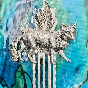 Fox Hair Comb silver leaf and fox decorative Hair combs Vixen Hair Accessories MyElegantThings