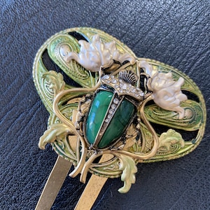 Scarab beetle Hair Clip Lotus Comb Egyptian revival Gold plated long comb Patina Verdigris Limited Edition by MyelegantThings