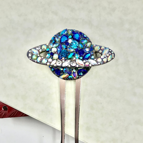 Celestial Hair Comb Saturn Jewelry brilliant blue Hair ornament crystal accents large statement Hair clip Planetary jewelry MyElegantThings