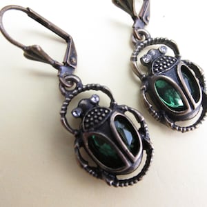 Scarab Earrings Dangle Egyptian Revival Earrings Hand enameled emerald shell body earrings MyElegantThings