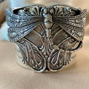 Art Deco Dragonfly Cuff: Silver Plated Vintage Style Bracelet