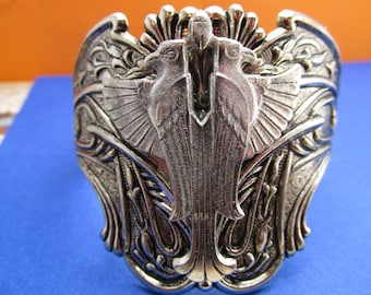 Egyptian Phoenix or Falcon Silver cuff Bracelet Vintage Silver Cuff Egyptian Revival Double Bird double eagle MyElegantThings