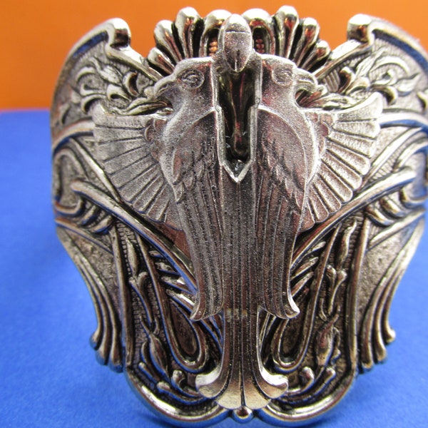 Egyptian Phoenix or Falcon Silver cuff Bracelet Vintage Silver Cuff Egyptian Revival Double Bird double eagle MyElegantThings