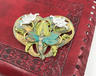 Art Nouveau Lotus Flower Hair Clip, Verdigris Enamel Barrette