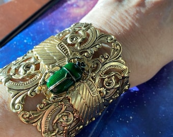 Art Deco Scarab bracelet Bronze and gold plated emerald color scarab wide bold cuff silver vintage style cuff MyElegantThings