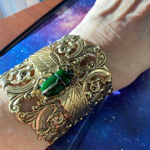 Art Deco Scarab bracelet Bronze and gold plated emerald color scarab wide bold cuff silver vintage style cuff MyElegantThings