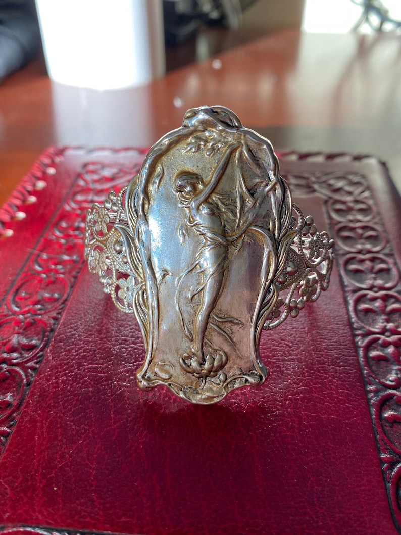 Art Nouveau Lady Cuff Bracelet: Silver Filigree Alphonso Mucha Style