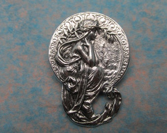 Mucha Style Brooch, Art Nouveau Lady Pin, Antique Silver Plated