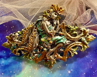 Art Nouveau Lady Hair Clip, Silver Enamel Barrettes, MyElegantThings OOAK