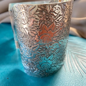 Vintage Silver Cuff Bracelet: Hand Engraved 3 inch floral cuff Silver Plated Brass